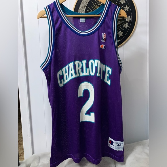 Vintage Champion Charlotte Hornets 2 L Larry Johnson NBA Basketball Jersey 44 - Picture 2 of 11